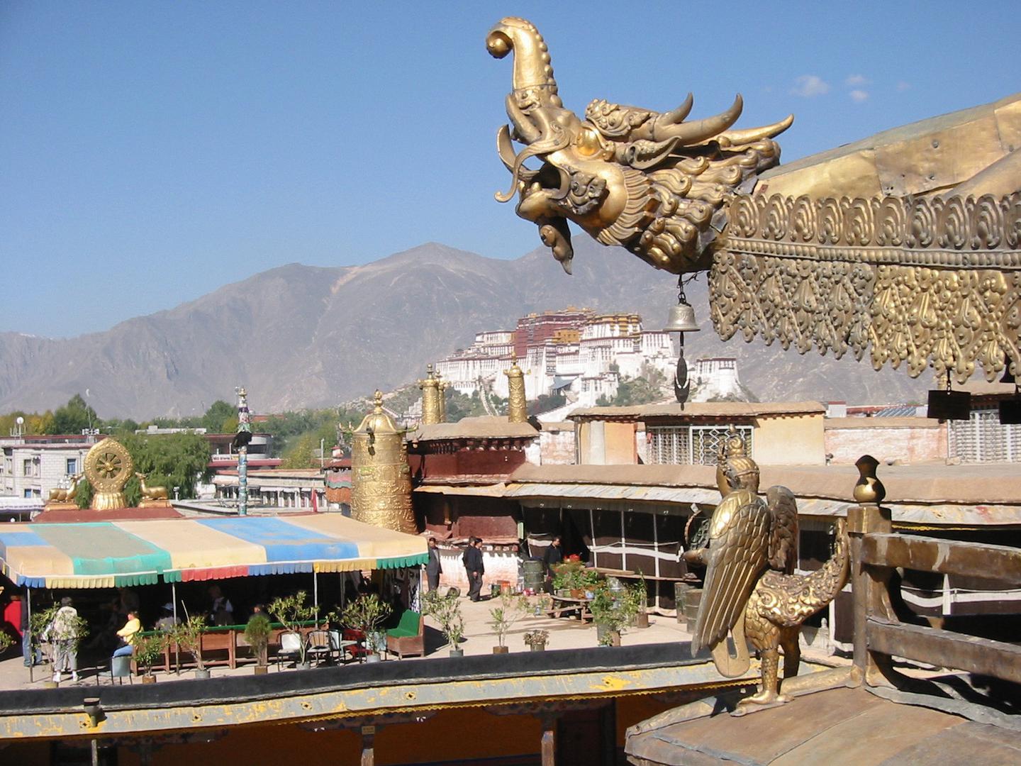 [108] - Potala Palast in Lhasa, Panorama, mit Drachenköpfen im Vordergrund